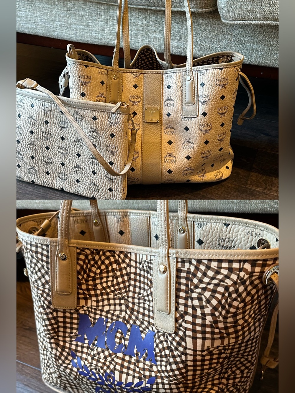 MCM New Beige Reversible Liz Shopper in Visetos Tote Bag